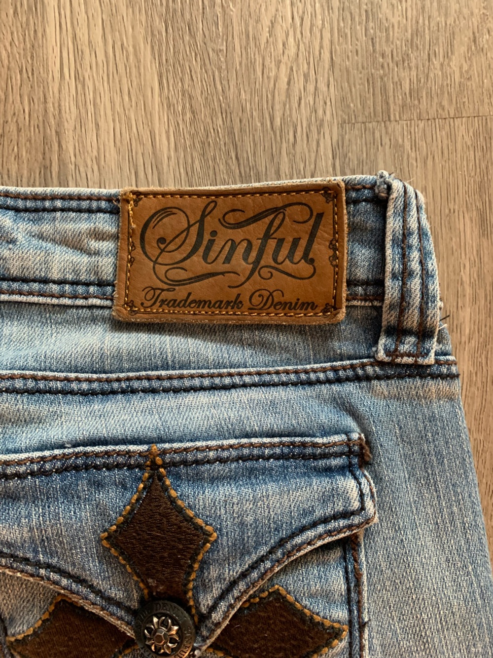 Sinful Light Blue Women’s Boot Cut Jeans with Brown Patch